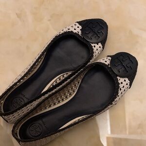 Tory Burch navy and white  Woven Flats